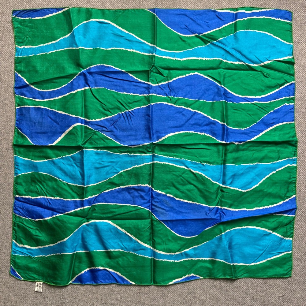 Viva Silk Scarf Womens OS Green Blue Excellent Vintage Abstract Wavy Hand Screen